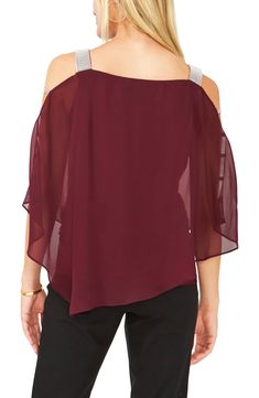 Dazzling sparkle embellishes this romantic chiffon blouse designed with drapey sleeves and a layered hem. 95% polyester, 5% spandex Hand wash, line dry Imported Chiffon Blouses Designs, Blouse Designed, Blouse Nordstrom, Chiffon Blouse, Blouse Designs, Open Shoulder Tops, Chiffon, Top Brands, Hand Wash