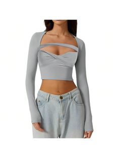 BZB Women's Sexy Sweetheart Neck Crop Top Long Sleeve Slim Fit Front Twist Knot Cropped T Shirts Grey Sexy  Long Sleeve  Plain    Women Clothing, size features are:Bust: ,Length: ,Sleeve Length: Fitted Hollow Out Top For Club, Trendy Fitted Hollow Out Top, Long Sleeve Hollow Out Top For Club, Low-cut Club Tops With Built-in Bra, Hollow Out Tops For Club In Spring, Crop Top Long Sleeve, Crop Top Long, Twist Knot, Neck Crop Top