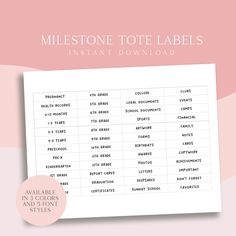 the printable mile tote labels are shown on a pink and white background