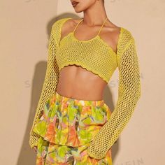 Super Cute And Stylish Ships In 5-10 Business Days Summer Long Sleeve Knit Crop Top, Knit Long Sleeve Crop Top For Summer, Long Sleeve Knit Crochet Top For Summer, Long Sleeve Crochet Top For Summer Parties, Trendy Spring Party Crochet Top, Spring Chic Knitted Crop Top, Trendy Yellow Crochet Top For Spring, Knitted Tops For Spring Party, Spring Party Knitted Tops