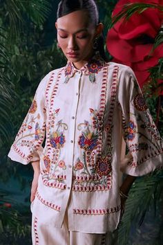 Ivory chanderi shirt with multi-colored floral, thread and beaded embroidery. - Aza Fashions Collar Shirt For Women, Wearable Art Clothing, Embroidered Pants, Fashion Illustration Dresses, Beaded Neckline, Dress Images, Embroidered Jacket, Puffed Sleeves, Shirt For Women