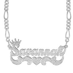 This Rhodium Beaded "Double" Nameplate is available in 925 Sterling silver. This design Choose up to 10 characters to make your unique name. Customizable With: Names, or Words Closure: Lobster Clasp Metal Plating Selection: Sterling Silver 14k Gold over Silver Two-Tone. Sterling Silver Luxury Silver Nameplate Necklace, Luxury Personalized Silver Name Necklace, Luxury Engraved Silver Name Necklace, Luxury Silver Custom Name Necklace, Anniversary Silver Necklace With Crown Design, Luxury Customizable Silver Necklace, Silver Figaro Chain, Monogrammed Cufflinks, Swarovski Heart