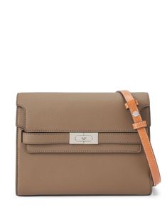 taupe brown calf leather grained texture front flap closure strap closure and push-lock fastening adjustable detachable shoulder strap suede trim partitioned compartment zip-fastening compartment Tory Burch Shoulder Bag, Lee Radziwill, Orange Bag, New Sneakers, Brown Bags, Van Cleef Arpels, Ballet Flat Shoes, Pump Sandals, Green Bag