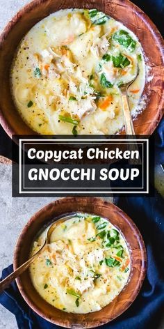 two wooden bowls filled with soup on top of a blue cloth and the words copycat chicken gnocchini soup