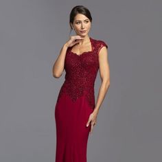 This Is An Elegant Formal Evening Dress With Sheer Back And Queen Anne Neckline. It Has A Fitted Silhouette That Emphasize Yor Curves. The Dress Has A Sheer Back Embroidered With Sparkling Rhinestones For Creating The Elegant Look. Length: Long Color: Burgundy Neckline: Queen Anne Neck Silhouette: Sheath Back: Sheer Embellishments: Lace, Rhinestones Occasion: Romantic Date/Evening/Dinner, Wedding/Bridesmaid, Graduation, Fashion Show, Visiting Theater/Museum/Restaurant, Banquet, Photo Shoot, Conc Red V-neck Dress With Fitted Bodice, Floor-length Burgundy Dress With Fitted Bodice, Burgundy Dresses With Sweetheart Neckline And Fitted Bodice, Burgundy Floor-length Dress With Fitted Bodice, Elegant Red Fitted Mother Of The Bride Dress, Fitted Burgundy Dress With Sweetheart Neckline, Red Short Sleeve Evening Dress For Gala, Burgundy Sleeveless Dress With Fitted Bodice, Burgundy Evening Dress With Sweetheart Neckline For Formal Occasions