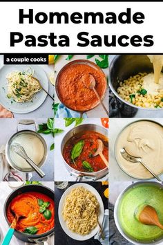 the ultimate guide to homemade pasta sauces in multiple pictures with text overlay that reads, how to make homemade pasta sauces