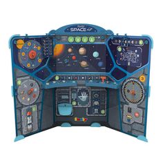 the space station play set is blue and has various items on it's sides