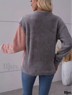 Bjux - Fashionable Color Block Fuzzy Crew Neck Sweatshirt: Stylish Long Sleeve Warm Outwear for Women Gray Fleece Winter Top, Winter Color Block Sweatshirt For Loungewear, Cozy Patchwork Tops For Winter, Cozy Color Block Winter Tops, Cozy Winter Patchwork Tops, Cozy Winter Color Block Tops, Fleece Long Sleeve Color Block Top, Crew Neck Fleece Top With Patchwork, Winter Fleece Tops With Patchwork