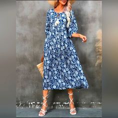 Shein Navy Blue Large Never Worn, New In Bag Casual Flowy Midi Dress For Beach Cover-up, Flowy Casual Midi Dress For Beach Cover-up, Casual Maxi Dress With Boho Print For Beach Season, Casual Boho Print Midi Dress For Beach, Casual Boho Print Maxi Dress For Day Out, Blue Boho Print Midi Dress For Beach, Casual Blue Printed Maxi Dress, Casual Blue Maxi Dress With Boho Print, Casual Flowy Midi Boho Dress