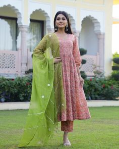 Cotton Peach & Green Hand Block Print Anarkali Kurta Set - Ria Fashions Multicolor Straight Kurta Anarkali Set For Spring, Spring Anarkali Kurta With Bandhani Print, Spring Chanderi Block Print Salwar Kameez, Spring Block Print Chanderi Salwar Kameez, Semi-stitched Cotton Anarkali Set For Spring, Multicolor Mulmul Anarkali Set With Block Print, Spring Anarkali Set With Kalamkari Print, Spring Semi-stitched Cotton Anarkali Set, Spring Multicolor Cotton Anarkali Set