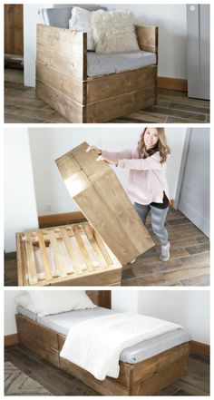 a woman standing next to a wooden bed frame