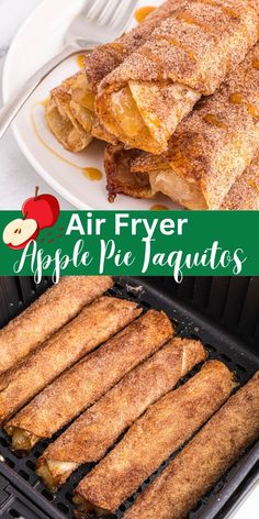 an air fryer with apple pie jaquitass on it and the words, air fryer apple pie jaquitass