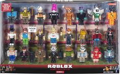 roblox action figures are in a display case