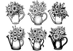 flowers in pots and watering cans drawn by hand, black and white illustration stock photo