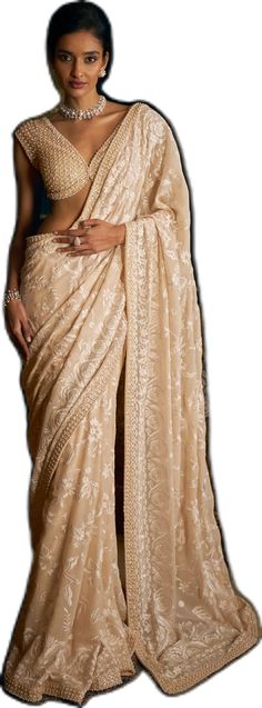 Pre-draped Saree With Chikankari Embroidery For Reception, Elegant Beige Traditional Wear For Navratri, Pre-draped Saree With Chikankari Embroidery For Transitional Reception, Elegant Embroidered Pre-draped Georgette Saree, Elegant Pre-draped Saree With Chikankari For Reception, Elegant Pre-draped Chikankari Saree For Reception, Pre-draped Saree With Chikankari For Navratri Reception, Pre-draped Saree With Chikankari Embroidery For Navratri Reception, Navratri Reception Pre-draped Saree With Chikankari Embroidery