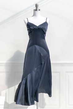 French dress in blue satin from Amantine French Style Boutique Off Shoulder Satin Dress, Satin Dress Prom, Oc Fashion, Holiday Cocktail Party, Blue Silk Dress, Aesthetic Dress, Holiday Cocktail, Beautiful Aesthetic, Prom Dress Inspiration