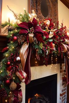 a fireplace decorated for christmas with red and gold decorations