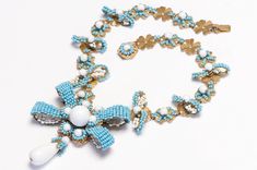 Miriam Haskell 1960’s Gripoix Blue White Glass Beads Bow Pendant Necklace Miriam Haskell Jewelry, Bow Pendant, Beads Flower, Leaf Flower, Costume Jewelry Earrings, Miriam Haskell, Glass Bead Necklace, Beads Necklace, Jewelry Rings Engagement