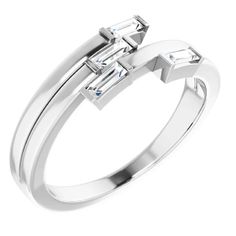 Our diamond baguette cut, 4 stone ring is a solid gold ring and is considered modern jewelry. Our custom ring with a wide band looks like a stacking ring with multiple shanks; however it is one ring. Our statement ring, cocktail ring, anniversary ring or right hand ring has 4 diamonds that are set in a staggered fashion. We like the clean lines & modern, non-fussy style.♡ DETAILS:4) 3.75 x 1.5 mm straight baguette cut ring has a 1/4 carat total diamond weight.- Your choice of 14kt yellow, rose, Diamond Ring Modern, Geometric Diamond Ring, Stone Ring Design, Hand Dress, Partner Rings, Baguette Diamond Ring, Right Hand Rings, Geometric Ring, Geometric Diamond