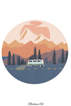 an image of a van driving down the road in front of mountains and trees with birds flying over it