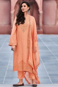 Viscose Fabric Orange Color Embroidered Salwar Suit Rose Gold Makeup Brushes, Peach Pants, Party Wear Salwar, Embroidered Salwar, Readymade Salwar Kameez, Embroidery Suit, Salwar Kameez Designs, Readymade Blouse, Green Sequins