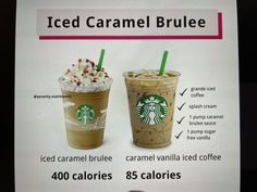 an advertisement for iced caramel brulee with information about the drink and ingredients