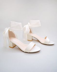 Ivory Satin Block Heel Sandal with Wrapped Ribbon Tie Fall Wedding Shoes, Bridesmaids Shoes, White Block Heels, Women's Slip Ons, Short Heels, Girls Heels, Bridesmaid Shoes, Bow Heels, Wedding Heels