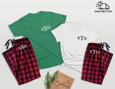 "➽ Price for 1 Pajama Set (1 shirt and 1 pants in total) ➽ Add each Set separately to your shopping cart. Celebrate this Christmas with these beautiful Monogrammed Matching Pajamas for couple. They make the perfect outfit for your Christmas Family Photos. Mix and Match the shirt's color by your choice! For any Special request, please leave us a note \"note to seller\" before your final check out ! Or simply send us a message with your questions! HOW TO ORDER: 1. Select Shirt Color + Size from th Holiday Cotton Loungewear Sets, Green Cotton Sets For Holiday, Casual Cotton Holiday Sleepwear, Casual Green Christmas Sets, Casual Cotton Sleepwear For Gift, Casual Green Holiday Sets, Casual Cotton Christmas Sets, Casual Cotton Sets For Holiday, Casual Cotton Holiday Sets