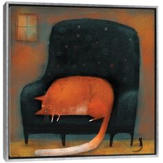 an orange cat sitting on top of a black chair