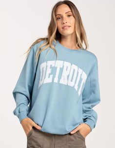 RSQ Womens Detroit Crewneck Sweatshirt - LIGHT BLUE | Tillys Flannel Sweatshirt, Sweatshirt Embroidery, Open Knit Sweater, Cargo Skirt, Boy Tees, Corduroy Jacket, Sweaters And Jeans, Women Trends, Graphic Tee Shirts