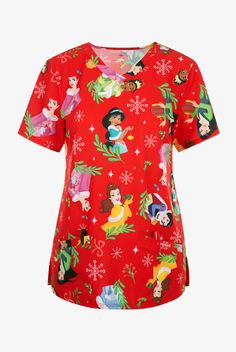 FUNSCRUBS Disney Princesses Christmas Women s 2-Pocket STRETCH V-Neck Print Scrub Top. Christmas print with all of your favorite Disney Princesses with snowflakes and mistletoe on a bright red background. • Classic Fit • V-neck • 2 front angled welt pockets • Short sleeve • Side vents • Back yoke • Approximate length for size M is 27 3 4 • Manufacturer style IMDPO012A-RED Each style in our Funscrubs Cartoon scrubs collection is made with soft, lightweight fabric to keep you cool and comfortable Disney Scrub Tops, Disney Scrubs, Background Classic, Christmas Scrubs, Scrub Style, Dream Jobs, Scrub Jackets, Christmas Clothes, Lab Coats