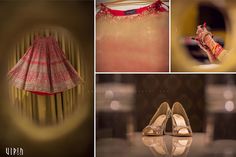 wedding dress and shoes are displayed in this collage