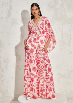 Editor's Note The pink eden floral batwing jumpsuit is a one-piece garment made of georgette fabric. It features a loose, flowy fit with batwing sleeves giving it a comfortable and flattering s...