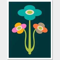 an art print with three flowers on a dark green background, in the shape of a flower