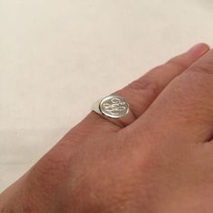 "Pinky ring, Engraved ring, Initial Ring, Personalized Ring Engraved Signet ring with Round Seal- sterling silver or Best quality 18k Gold Plate Engraved 1-3 letter Diameter: 0.7 mm = 0.27\" Please note in the \"notes to seller\" at checkout. : * state your ring size * letter you want to appear The product will arrive to you packed in gift box and padded envelope to maintain the product Our jewelry are water resistant and comes with 1 year warranty Thank you for your interest. Please check out o Fine Jewelry Sterling Silver Signet Ring Gift, Symbolic Engraved Ring Stamped 925 For Promise, Gift Sterling Silver Hallmarked Signet Ring, Minimalist Engraved Ring Stamped 925, Adjustable Symbolic Signet Ring For Anniversary, Everyday Sterling Silver Hallmarked Signet Ring, Everyday Silver Engraved Ring Fine Jewelry, Fine Jewelry Sterling Silver Engraved Ring, White Gold Sterling Silver Signet Ring