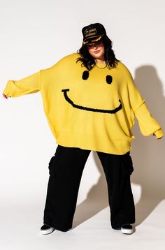 Lala Original Designs are thoughtfully designed in-house. These clothes were made for you. - Yellow sweater with big smile face design- Super oversized and slouchy- Long sleeves with drop shoulder- Bubble sleeve with 6" ribbed cuff- Wide 6" ribbed hemSierra is 5'8", typically wears a size 8 and is wearing a S/M. Jayci is 5'8", typically wears a size 20 and is wearing a 2XL/3XL.100% acrylic © Dressed in LALA™ 2024 // Design owned and created by Dressed in LALA™ Big Smiley Face, Satin Playsuit, Blazer Set, Flannel Jacket, Sunshine Yellow, Bubble Sleeve, Oversize Knit, Sweater Collection, Yellow Sweater