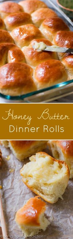 honey butter dinner rolls on a baking sheet and in a glass dish with a spoon