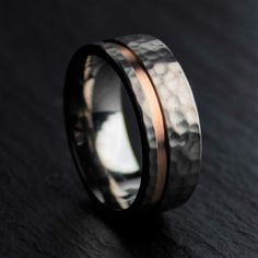 Hammered Titanium and Rose Gold Ring | Thorum Hammered Wedding Band, Rose Gold Tungsten Ring, Minimalist Wedding Rings, Hammered Wedding Bands, Rose Gold Tungsten, Handmade Wedding Rings, Wood Wedding Band, Wedding Rings Photos, Titanium Wedding Rings