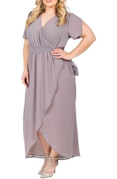 Notched tulip sleeves and a fluttery tulip hem enhance the fluid grace of a wrapped maxi dress cut from soft georgette. 60" length True wrap style; ties at waist Surplice V-neck Short sleeves Semi-sheer; base layer recommended Lined 100% polyester Machine wash, line dry Imported Encore Plus Size Wedding Guest Dresses, Plus Size Clothing Stores, Maxi Dress Plus Size, Storm Grey, Chiffon Wrap, Wrap Maxi Dress, Nursing Dress, Sleeveless Floral Dress, Tiered Maxi Dress