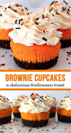 halloween brownie cupcakes with white frosting and sprinkles on top