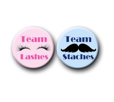 two badges with eyelashes and the words team lashes in pink, blue and black on them