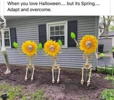 three skeletons holding sunflowers in front of a house