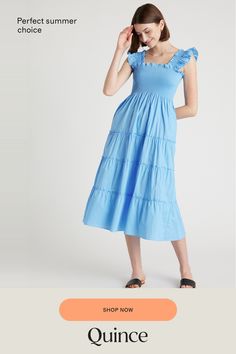 This floaty, flirty, light dress is about to become your fave for summer. Flattering A-line cut, smocked elasticated top, tiered poplin skirt. The sleeveless style has ruffle detailing and all in breathable, natural 100% organic cotton poplin. It's soft, comfy, and the midi-length has the potential to be dressed up or down.  | Quince | Women's Smocked Midi Dress in Cornflower Blue, Size XS, Organic Cotton Blue Tiered Sundress With Smocked Back, Breezy Smocked Bodice Midi Dress For Vacation, Breezy Midi Dress With Smocked Back, Summer Garden Party Smocked Maxi Dress, Summer Garden Party Maxi Smocked Dress, Blue Summer Midi Dress With Smocked Back, Light Blue Smocked Back Sundress, Blue Summer Sundress With Smocked Bodice, Light Blue Sundress With Smocked Back