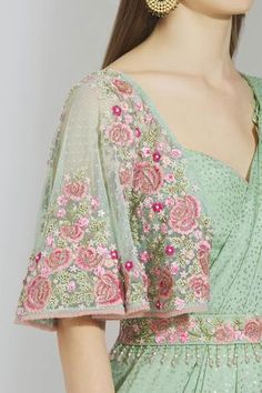 Shop for Rajat and Shraddha Green Georgette Embellished Pre-draped Saree for Women Online at Aza Fashions Green Pre-draped Saree With Floral Embroidery, Floral Embroidered Pre-draped Saree For Party, Festive Fitted Pre-draped Saree With Floral Embroidery, Festive Fitted Floral Embroidered Pre-draped Saree, Evening Dupatta With Floral Embroidery In Traditional Drape, Festive Floral Embroidered Pre-draped Saree For Reception, Fitted Saree With Floral Embroidery For Reception, Evening Saree With Floral Embroidery, Fitted Floral Embroidered Saree For Reception