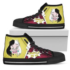 Cruella de Vil Sneakers Villain High Top Shoes Fan-Gear Wanta Disney Villain, Expressive Fashion, Gift Design, High Top Vans, Black High Tops, Mens High Tops, Dark Denim Jeans, High Top Shoes, Disney Villains