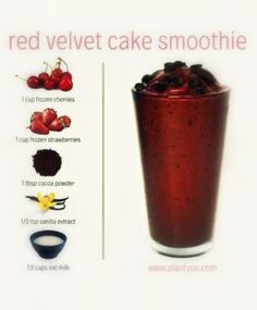 a red velvet cake smoothie in a tall glass with chocolate chips and cherries