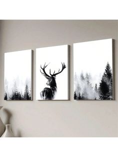 three black and white paintings with deer in the woods, one has antlers on it