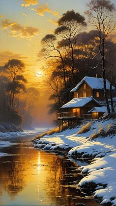 a painting of a house in the snow by a river at sunset with sun reflecting on the water