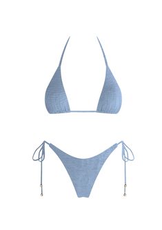 Featuring a triangle bikini with adjustable ties&nbsp; in the color powder blue Maxi Jumpsuit, Athleisure Tops, Silk Bottoms, Leather Denim, Summer Bikinis, Tie Styles, Swimwear Sale, Endless Summer, Outerwear Sweater