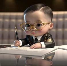 a baby dressed in a suit and glasses sitting at a desk with a pen on it